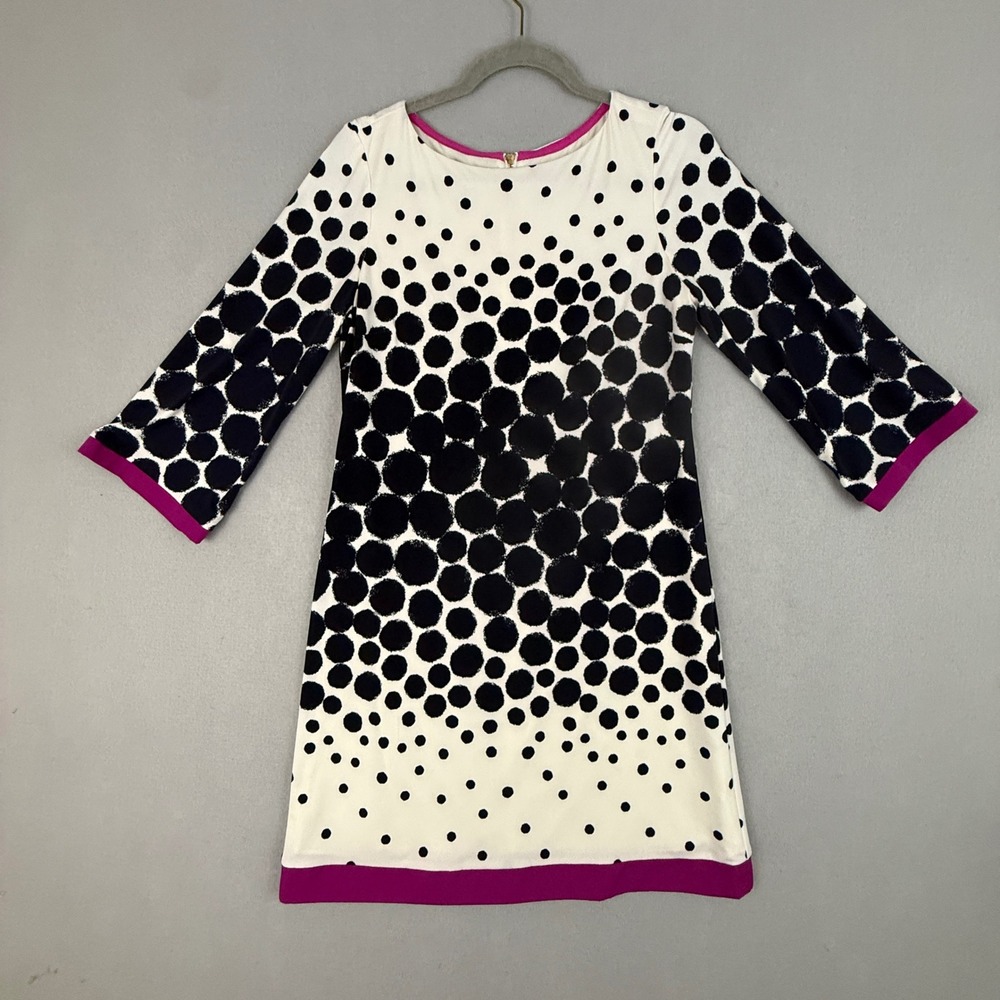 Eliza J Shift Dress Women's 8 Irregular Polka Dot Black Ivory Magenta Trim Retro